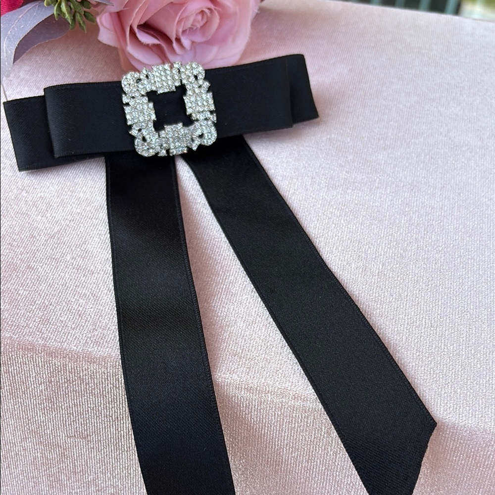 Black Satin Rhinestone Buckle Hair Bow Clip